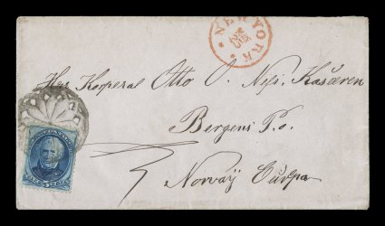 179, 5c Blue, natural straight-edge at left, tied by well-struck fancy NYFM cancel (similar to Weiss GE-EP4) on cover to Norway, red New York c.d.s., very fine and
attractive.