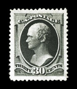 190, 30c Full black, a visually stunning mint example, being incredibly well centered within absolutely enormous margins all around, but just as impressive is the stamps
spectacular prooflike color and impression, full o.g., a couple small natu