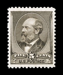 205, 5c Yellow brown, eye-catching mint single that is extraordinarily well centered amid remarkably large margins, sumptuously rich color and a deeply etched impression on
fresh paper, o.g., lightly hinged, an extremely fine gem 1989 PF certif