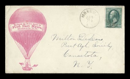 207, 3c Blue green, tied to cover by Mohawk, N.Y. duplex cancel on cover with illustrated large balloon in red, with return address of Prof. Carl Myers, sent ot Canastota, N.Y.
(backstamped), very fine a most eye-appealing illustrated ballo