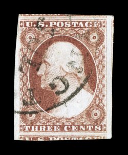 11 var., 3c Claret, used, huge margins all around including portions of adjoining stamps on three sides, rich Claret color and a fine impression, neat town c.d.s., extremely fine
2007 PSE certificate (XF 90 Jumbo SMQ $105.00 for 90 and $425.00