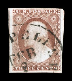 11A var., 3c Dull red, Ty. II, major cracked plate variety, position 84L5L, showing a prominent plate crack at right, four large margins, strong color on fresh paper, town c.d.s.
postmark, extremely fine this is one of the most impressive posit