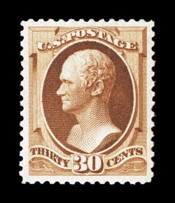 217, 30c Orange brown, a highly desirable mint example, possessing rich luxuriant color and a well defined impression, plus it is extraordinarily well centered amid uncommonly
large margins, fresh o.g., never hinged, extremely fine gem 1987 PF