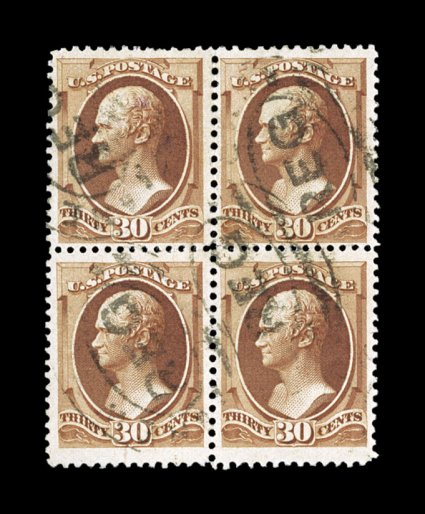 217, 30c Orange brown, used block of four, exceptionally well centered, strong rich color, light double-oval registry cancels, choice very fine a seldom seen used block in
superior condition 2007 PSE certificate.