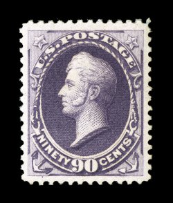 218, 90c Purple, choice centering within exceptionally large margins, rich vibrant color and a highly detailed impression on crisp white paper, o.g., lightly hinged, extremely
fine an especially attractive example of this high value Bank Note