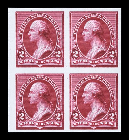 219P3-29P3, 1c-90c Small Bank Notes, plate proofs on India cplt. in blocks of four, 15c and 90c are mounted on card, each has large margins all around, brilliantly rich colors
throughout, extremely fine a choice and scarce set of proof blocks.