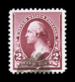 219D, 2c Lake, especially well centered within incredibly wide margins, rich color and a crisp impression, light face-free cork cancel, extremely fine this is actually a very
challenging stamp to find in this gem used condition 2007 PSE certif