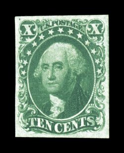 14, 10c Green, Ty. II, a remarkably fresh and handsome example of this rare mint stamp, possessing a wonderful overall freshness that few stamps of this vintage can boast, with
intense prooflike color and impression on crisp bright paper, four l