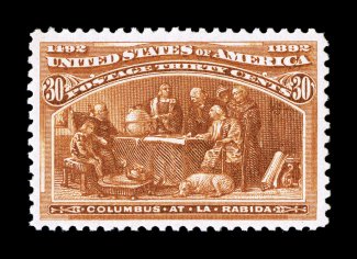 239, 30c Columbian, excellent centering within large margins, strong rich color and a well incised impression, o.g., barest trace of hinging (if any), extremely fine 2008 PSE
certificate (XF 90 SMQ $510.00).