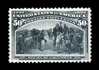 240, 50c Columbian, exceptionally well centered within uncharacteristically large margins, deep luxuriant color and an intense impression, o.g., n.h., extremely fine premium
never hinged examples of this stamp are infrequently offered 1998 PF