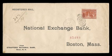 241, $1.00 Columbian, tied by Dover, N.H., May 2, 1894 duplex handstamp on large registered cover to the National Exchange Bank in Boston (registry backstamp), stamp with strong
bright color, cover with some minor edge wear as expected for this