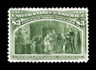 243, $3.00 Columbian, used, excellent centering although reperforated at right, bright color, faintly cancelled, very fine appearance.