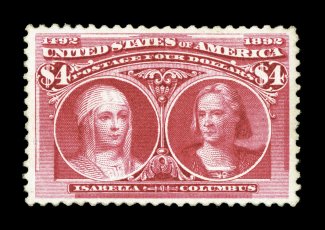 244, $4.00 Columbian, exceptionally well centered, rich bright color, o.g., lightly hinged, tiny picked out inclusion in the left margin, otherwise extremely fine clear 1983 PF
certificate.