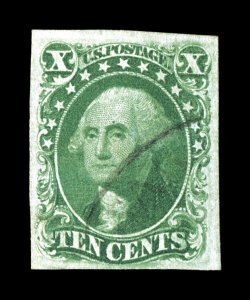 16, 10c Green, Ty. IV, position 65L1, recut at top, a highly desirable used example of this scarce type, with four large margins, bright fresh color and a well defined
impression, very light town cancel, extremely fine 1988 PF certificate.