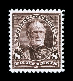 257, 8c Violet brown, exceedingly well centered within large margins, sumptuously rich color and an outstanding impression on bright white paper, o.g., n.h., extremely fine 1995
PF certificate and a 2007 PSE certificate (XF 90 SMQ $1,650.00).