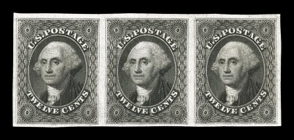 17, 12c Black, a magnificent unused horizontal strip of three, not only being a rare multiple, but the condition is quite extraordinary, with deep intense color and a razor-sharp
impression, particularly large margins all around, completely free