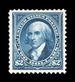 262, $2.00 Bright blue, a handsome example of this scarce stamp, exceptionally well centered within much larger margins than typically associated with this value, rich luxuriant
color and a highly detailed impression on pristine white paper, o.g