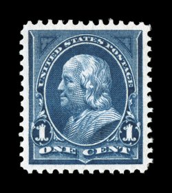 264, 1c Blue, an outstanding mint single that is not only flawlessly centered within large margins, but its color is spectacularly deep and luxuriant, with a prooflike
impression on bright white paper, o.g., n.h., an extremely fine gem for the m