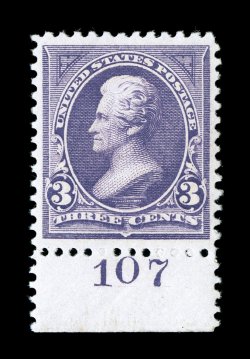 268, 3c Purple, bottom margin plate no. 107 single, excellent centering, brilliant color, o.g., n.h., extremely fine 2007 PSE certificate (VF-XF 85 SMQ
$230.00).