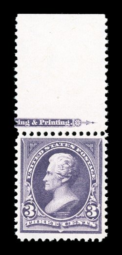 268, 3c Purple, large top sheet-margin partial imprint single, well centered within wide margins, deep vibrant color and an intense impression, o.g., n.h., extremely fine 2002
PSE certificate.