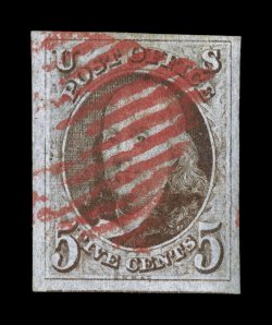 1, 5c Red brown, used, four large margins, attractive color and a fine impression, bright red grid cancel, extremely fine a lovely used 1847 Five Cent Red Brown.