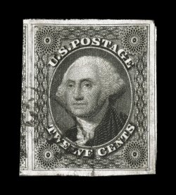 17, 12c Black, a spectacular used example, featuring enormously large margins all around including portions of the adjoining stamps at right and left, intensely rich color and an
superbly detailed impression on bright paper, lightly cancelled by