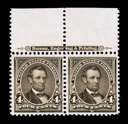 269, 4c Dark brown, an exceedingly handsome and choice full top margin imprint pair, extraordinarily well centered and margined, prooflike color and impression, o.g., n.h.,
extremely fine a pair with exceptional eye appeal 2002 PF certificate.
