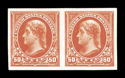 275b, 50c Orange imperforate, horizontal pair, large margins all around, beautiful vibrant color and a bold impression, o.g., lightly hinged, small owners handstamp on gum,
extremely fine only one sheet of 100 (50 pairs) was printed 1987 PF c