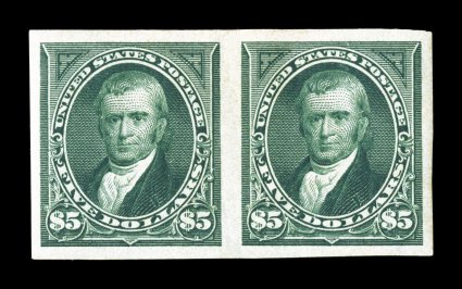 278a, $5.00 Dark green, imperforate, horizontal pair, four large even margins, lovely rich color and a crisp impression, o.g., lightly hinged, extremely fine an especially
choice example of this very rare and seldom offered imperforate high val