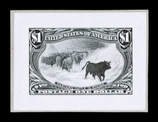 285P2-93P2, 1c-$2.00 Trans-Mississippis, small die proofs cplt., each mounted on a piece of the Roosevelt album page, all have exceptionally large margins and strong bright
colors, $2.00 with some light toned specks mostly in the margin, otherwi