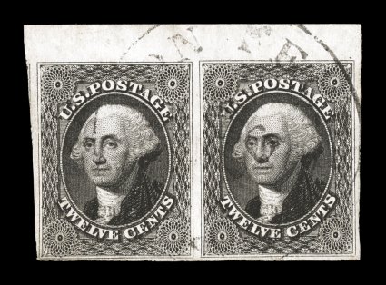 17, 12c Black, used top sheet-margin horizontal pair, other three margins ample to large, strong color and impression, light town c.d.s., faint toned spot in the top margin,
otherwise extremely fine 1986 PF certificate.