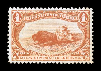 287, 4c Trans-Mississippi, stunning mint single that is perfectly centered amid incredibly large margins, strong color, o.g., lightly hinged, extremely fine gem 2007 PSE
certificate (Superb 98 Jumbo SMQ $1,100.00 for 98) this is the highest