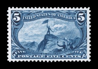 288, 5c Trans-Mississippi, an eye-arresting mint single, featuring the deepest and most intense color we have ever encountered on this stamp and with an incredibly vivid
impression that would rival any proof, in addition it is marvelously well c