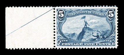 288, 5c Trans-Mississippi, marvelous left sheet-margin single with partial arrow in the selvage, precisely centered within lavishly large margins, brilliantly rich color and an
excellent impression, unblemished o.g., n.h., extremely fine gem.