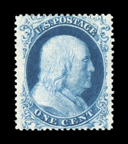 18, 1c Blue, Ty. I, a fabulous mint single that ranks among the finest quality examples we have ever offered in our auctions, as every aspect of this stamp is extraordinary,
starting with its incredible centering amid exceedingly wide margin