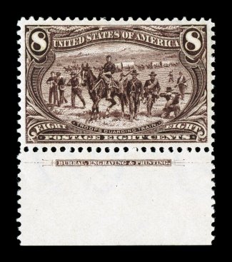 289, 8c Trans-Mississippi, a marvelously choice bottom sheet-margin imprint single, being incredibly well centered amid much larger margins than typically encountered on this
difficult value, rich luxuriant color and a deeply etched impression,