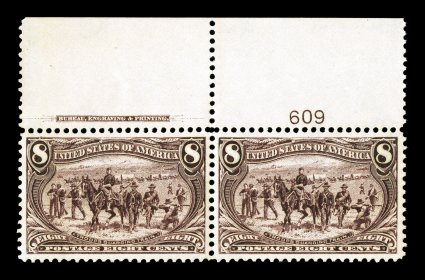 289, 8c Trans-Mississippi, a visually striking full top margin imprint and plate no. 609 pair, in the finest quality imaginable, featuring flawless centering amid margins that
are incredibly large for this notoriously difficult value, plus its c