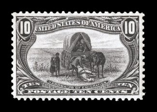 290, 10c Trans-Mississippi, an extraordinarily choice mint single, featuring impeccable centering amid uncharacteristically large margins, rich luxuriant color and a well
incised impression, pristine o.g., n.h., an extremely fine gem 1999 and 2