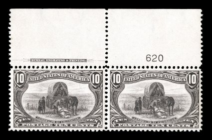 290, 10c Trans-Mississippi, a lovely full top margin imprint and plate no. 620 pair, exceptionally well centered and margined, particularly the left stamp, rich luxuriant color,
pristine o.g., n.h., an extremely fine and handsome imprint pair 2