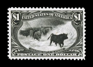 292, $1.00 Trans-Mississippi, wonderfully well centered within exceptionally large margins, strong color and impression on fresh paper, full clean o.g., lightly hinged,
extremely fine a remarkably handsome example of this ever-popular commemora
