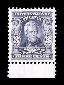 302, 3c Bright violet, a superlative bottom sheet-margin single, being in a quality that is almost never encountered, absolutely perfect centering amid uncommonly large margins,
brilliantly rich color and a sharp detailed impression on clean whi