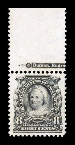 306, 8c Violet black, a spectacular top sheet-margin partial imprint single, possessing the most enormous margins possible for this value and being incredibly well centered
within this vast expanse, rich luxuriant color and a crisp impression ad