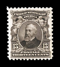 308, 13c Purple black, uncommonly well centered and margined, deeply rich color and a strong impression, o.g., n.h., choice very fine 2007 PF certificate.