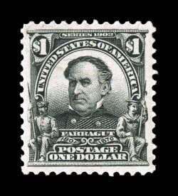 311, $1.00 Black, an exciting mint single in a truly remarkable quality, being extraordinarily well centered with large and wonderfully well balanced margins all around, lovely
rich color and a crisp impression, fresh clean o.g. that has never