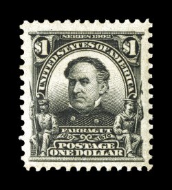 311, $1.00 Black, very well centered within huge margins, strong color and a crisp detailed impression, o.g., lightly hinged, extremely fine seldom encountered with margins this
large 1998 PF certificate.