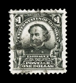 311, $1.00 Black, used, excellent centering within especially wide margins, strong color and impression, light cancel, extremely fine 2007 PSE certificate (XF 90 SMQ
$215.00).