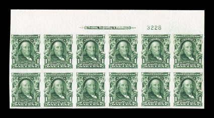 314, 1c Blue green, imperforate, full top margin imprint and plate no. 3228 block of twelve, large margins all around, deep rich color, o.g., n.h., usual light natural gum
bends, extremely fine.