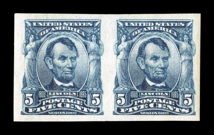 315, 5c Blue imperforate, handsome mint horizontal pair, large to extra-large margins all around, deep luxuriant color and a razor-sharp impression on immaculate white paper,
o.g., n.h., extremely fine 1981 PF certificate.