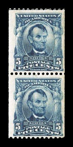 317, 5c Blue coil, perf. 12 horiz., pair, bright fresh color and a crisp impression, nicely centered, o.g., top stamp with a small bit of h.r., bottom stamp lightly hinged, very
fine a choice and desirable pair of this rare experimental coil, w