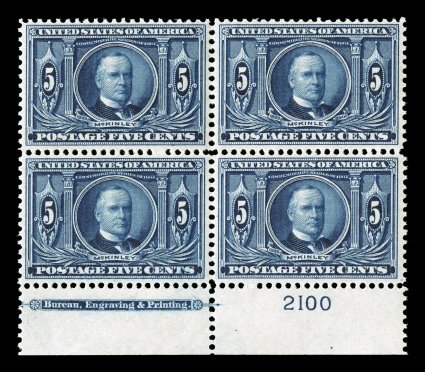 326, 5c Louisiana Purchase, a highly desirable full bottom margin imprint and plate no. 2100 block of four, exceptionally well centered for a plate block, rich luxuriant color,
unblemished o.g., n.h., choice very fine 2007 PSE certificate.